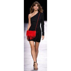 Alexandra Tsoukala Red Pleated Satin Fringe Clutch Bag Magnetic Closure Evening